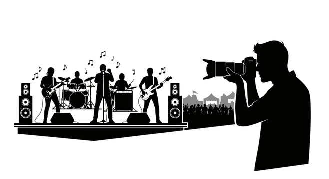 Silhouette of a professional photographer capturing a live rock band performance on stage.