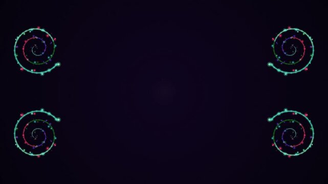 Abstract glowing neon spiral elements rotating in the corners of a dark background with copy space.