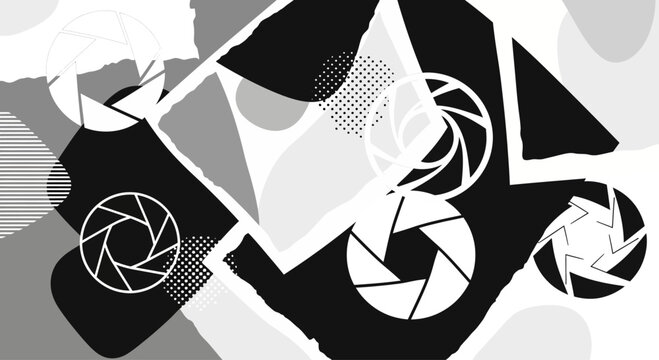 Abstract composition featuring multiple camera aperture iris designs in black and white.