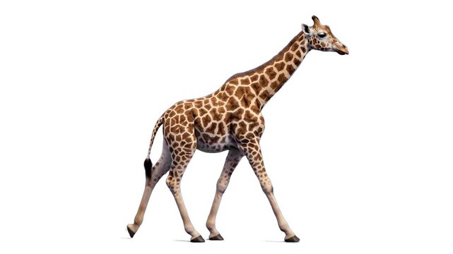 A detailed 3D animated giraffe walking at a steady pace, viewed from the side and isolated against a clean white background. This high-quality wildlife asset is built for commercial compositing, motio