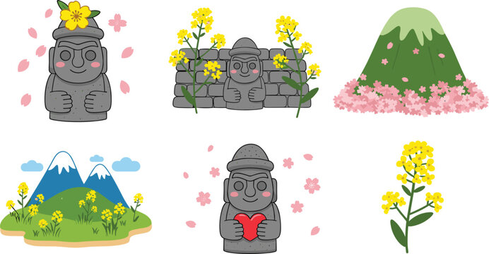 Jeju Island South Korea Travel Icon Set Featuring Cute Dol Hareubang Stone Statues Canola Flowers and Hallasan Mountain Vector Illustration