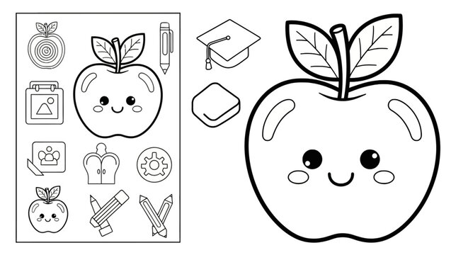 Smiling apple and educational icons coloring sheet