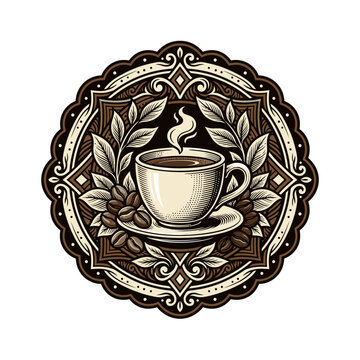 Vintage coffee cup in ornate circular floral frame