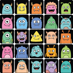 Obraz premium A collection of 25 cute cartoon monster characters with flat vector design