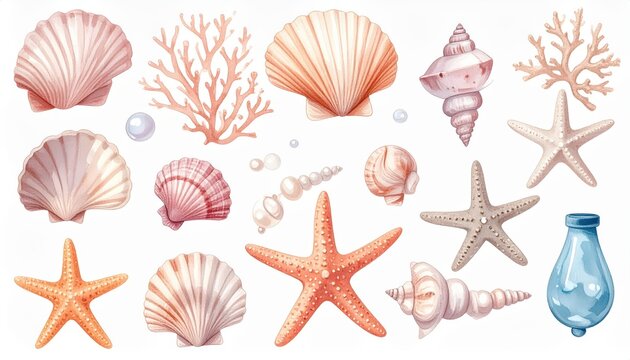 Coastal Aesthetic Seashell Icon Collection Featuring Hand-Drawn Pastel Conches, Starfish, and Coral Elements for Summer Beach Brand Logos and Stickers