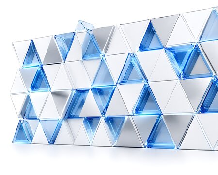 Geometric Tessellation with Translucent Blue Gems and White Planes Creating a Textured Facade of Triangles Evoking Modern Architecture and Digital Artistry for Seamless Pattern Design Applications. cy