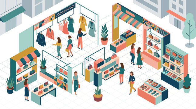 Isometric illustration of a bustling marketplace with diverse stalls and shoppers browsing goods.
