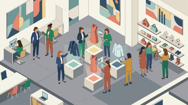 Diverse group of people interacting in a modern retail store with digital displays and clothing racks.