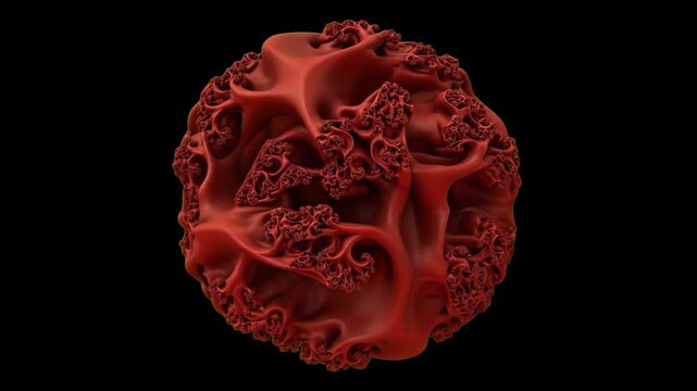 A stunning 3D mathematical fractal object formed into a deep red textured organic sphere twists and morphs endlessly against a dark black backdrop. Superb for sci-fi trailers, abstract motion graphics
