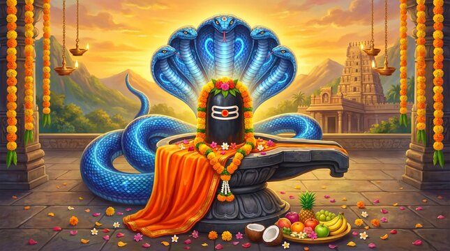 Majestic blue serpent beside sacred Shivling in mountain temple for Nag Panchami festival celebration