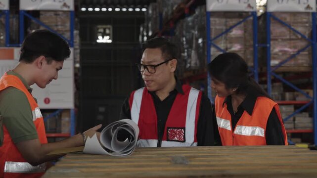 Three smiling colleagues collaborate over document inside dimly lit warehouse surrounded by stacked boxes and shelving units, wearing high-visibility vests for enhanced safety and efficiency.
