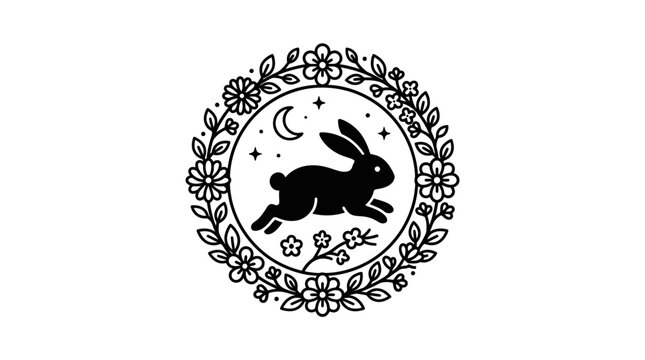 A black silhouette of a jumping rabbit framed by a detailed floral wreath and crescent moon.