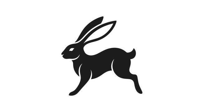 A minimalist black silhouette of a running hare in profile.