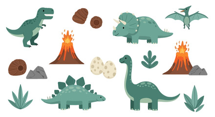 Collection of cartoon dinosaurs volcanoes and prehistoric plants © andi