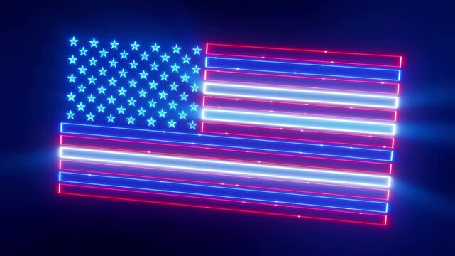 Vivid neon american flag display with glowing red white and blue lights representing patriotism and celebration of juneteenth with dynamic lighting effects