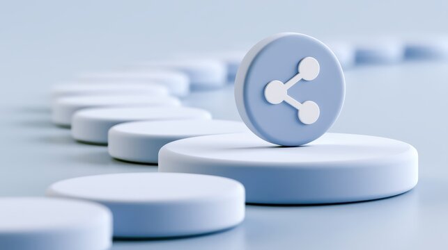 Blue circular platforms with one featuring a white share icon, representing digital sharing or connectivity in a minimalistic, futuristic style.