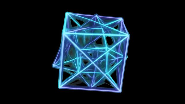 A futuristic 3D rendering of a geometric wireframe hypercube structure with glowing blue and purple cyan neon edges, set against a dark black backdrop. Great for sci-fi tech visuals, cyberpunk backgro