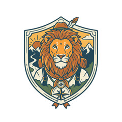 Obraz premium Lion hiker mascot wearing hat inside mountain shield