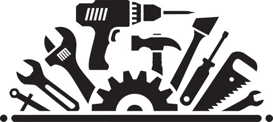 Fototapeta premium Collection of various construction and repair tools with drill, wrench, hammer, and saw.