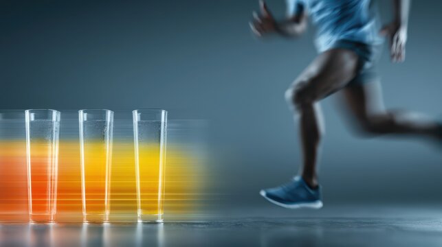 A runner in motion appears to jump over a series of progressively taller glasses filled with orange liquid, symbolizing a challenge or obstacle course.