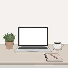Fototapeta premium Minimalist remote work setup with a blank screen laptop, potted plant, hot coffee, and stationery on a light-toned desk, perfect for productivity, rendered in a clean vector illustration style