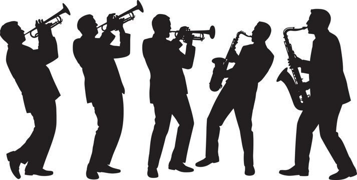 Jazz musicians playing trumpet and saxophone black silhouettes for music events.