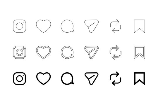instagram latest updated icon set 2026. Social media interaction symbols, including profile, like, comment, share, repost, and save icons in different styles, vector ui outline