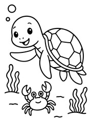 Fototapeta premium Cute Turtle and Crab Illustration: A charming black and white illustration of a happy cartoon turtle swimming underwater next to a smiling crab, surrounded by seaweed and bubbles.