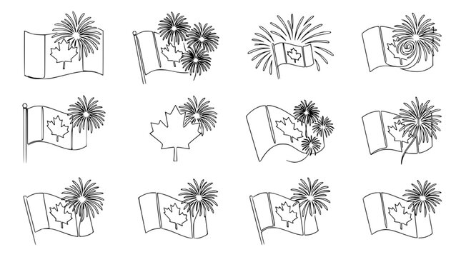 Canada Day Celebration Icons: Maple Leaf Flag and Fireworks Collection