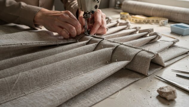 Tailor creating structured box pleat curtains by pinching and sewing fabric sections showcasing detailed craftsmanship and fabric manipulation techniques.