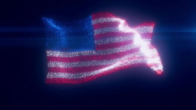 Dynamic digital animation of an american flag made of glowing particles waving in the wind during a patriotic celebration symbolizing freedom and unity suitable for juneteenth