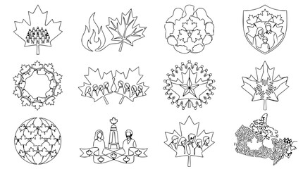 Obraz premium Canadian Maple Leaf Icons: Diversity, Unity, Flames, Shield, Map, Globe