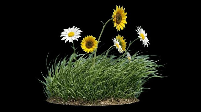 A realistic 3D rendered tuft of vibrant green lawn grass interspersed with blooming yellow sunflowers and white daisies, isolated against a solid black backdrop. This botanical asset is optimized for 