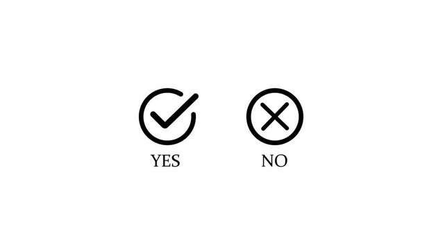 Yes or No Right or Wrong Checkmark and Cross Icon Animation with Text on White Background for Survey Quiz Voting and Decision Making.