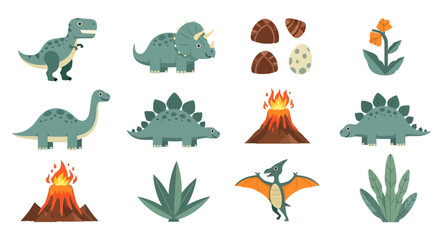 Cute dinosaur collection with volcanoes and prehistoric plants © ardi