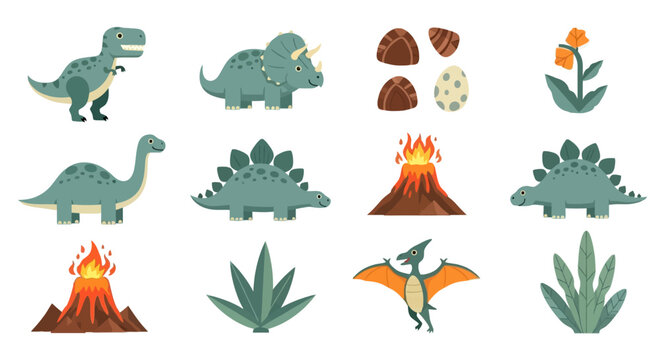 Cute dinosaur collection with volcanoes and prehistoric plants