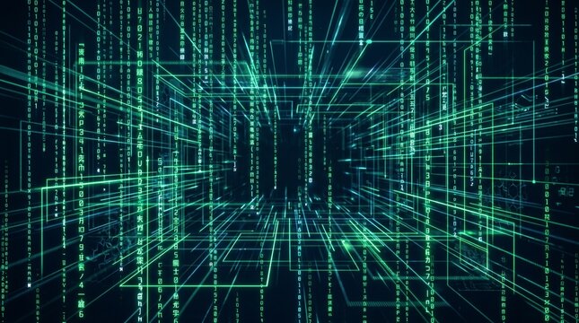 Glowing Green Binary Code Streams in Three-Dimensional Grid, Futuristic Cyberspace Visualization of Digital Data Flow and Virtual Connectivity, 8K image 