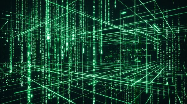 Glowing Green Binary Code Streams in Three-Dimensional Grid, Futuristic Cyberspace Visualization of Digital Data Flow and Virtual Connectivity, 4K image 
