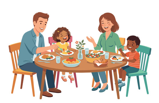 Happy multiracial family eating healthy dinner at round table. Parents and children talking, laughing and sharing food, pasta, salad, bread. Flat vector illustration isolated on white.