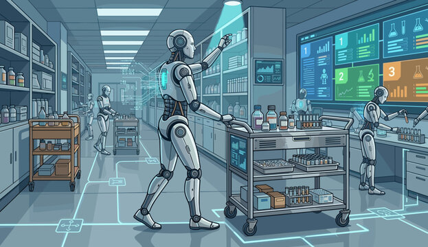Flat vector illustration of a humanoid robot concept.