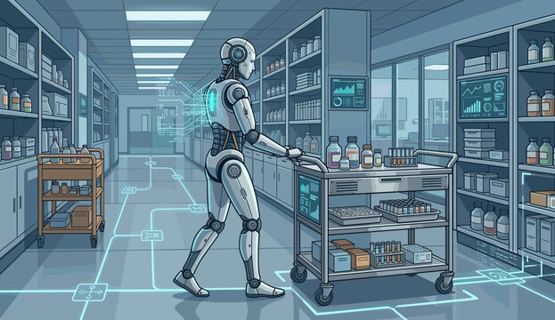 Flat vector illustration of a humanoid robot concept.