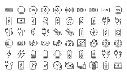 Fototapeta premium Battery and Charging Line Icon Set