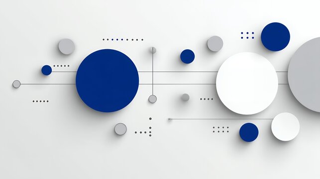 Minimalist geometric infographic background with interconnected blue and gray circles and dashed lines for science or tech presentation.