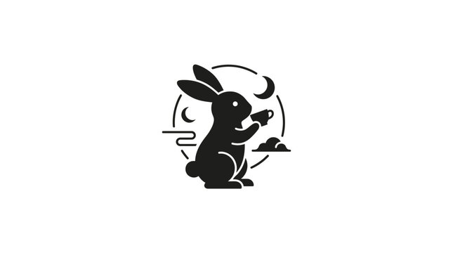 Minimalist black silhouette logo featuring a cute rabbit holding a coffee cup under the moon.