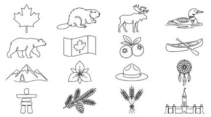 Canadian Symbols Collection: Maple Leaf, Beaver, Moose, Bear, Canoe, Flag, Mountains, Nature Icons © Qita