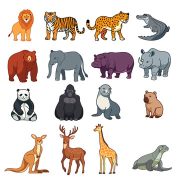 Modern zoo animal collection and wildlife nature sanctuary mascot illustration set. Colorful cartoon vector graphics for children educational books, safari theme park branding and veterinary service.