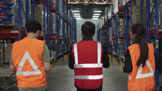 Three workers inspect brightly lit warehouse filled with stacked boxes while wearing fluorescent safety vests and reflective triangles for enhanced visibility during logistics operations.