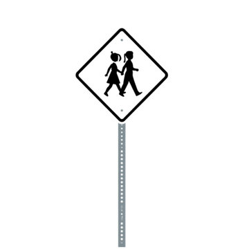 Pedestrian Crossing Sign: A diamond-shaped warning sign featuring a silhouette of two children holding hands and walking, mounted on a metal post, signifies a safe zone for foot traffic.