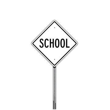 School Zone Sign: A diamond-shaped, black and white warning sign with the word SCHOOL clearly printed in bold letters, mounted on a metal post, alerts drivers to an educational area ahead.