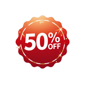 Sticker 50% Off: A radiant red sticker prominently displays 50% OFF, encircled by sparkling lights, symbolizing a limited-time discount and an exceptional deal.